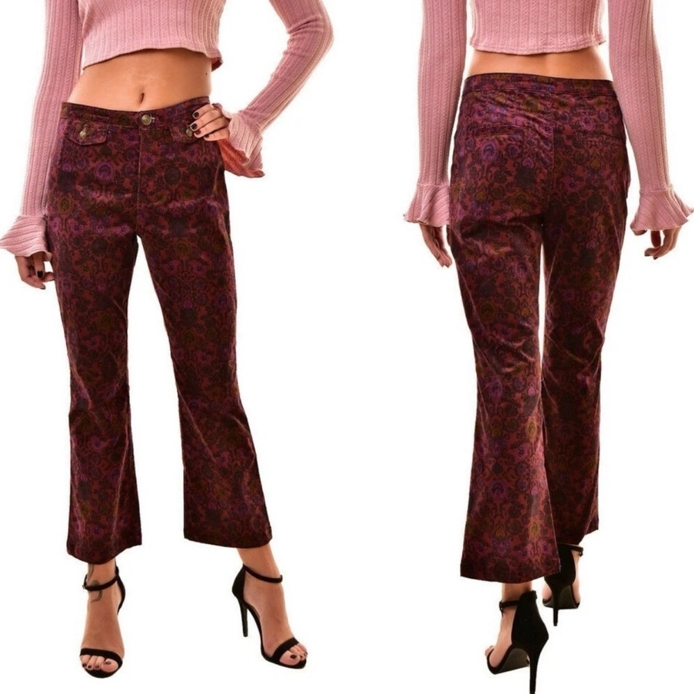 Free People Tailored Crop Cord Flares in a red multi-color print Size 2